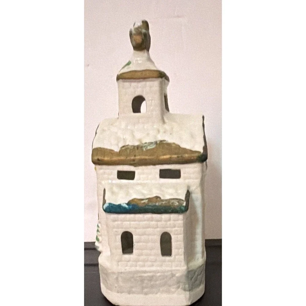 Ceramic Christmas Church Tea Light Candle Holder, Painted White Small 6 in